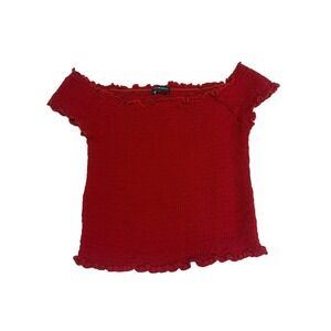 Brandy Melville Red Smocked Off The Shoulder Top Lettuce Edge Short Sleeve OS